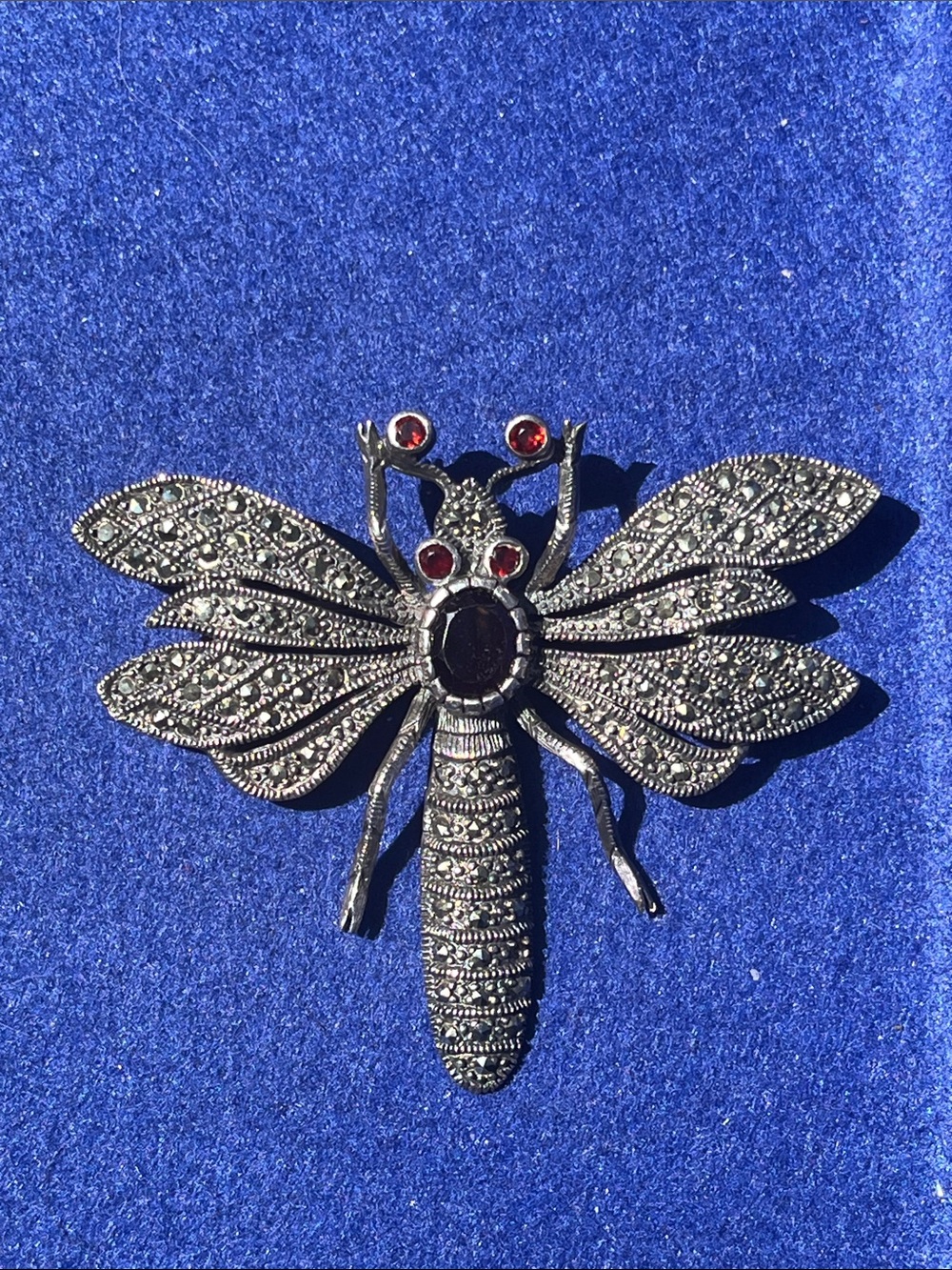 Vintage 925 Silver Dragonfly Brooch with Red Garnet Accents